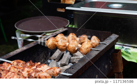 Cooking shashlik on a metal skewer and grilled vegetables. Grilled meat and vegetables. Delicious street food. Cooking shashlik on a metal skewer and grilled vegetables. Grilled meat and vegetables. Delicious street food. 117136586