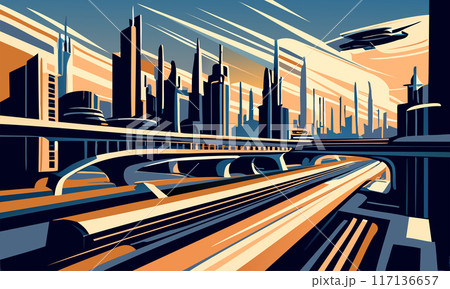 Digital retro poster on the theme of future cityscape and futuristic railway. 117136657