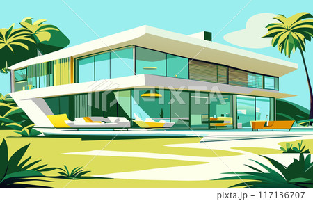 Landscape in green and blue tones with a white modern villa on the sand. Vector graphics 117136707