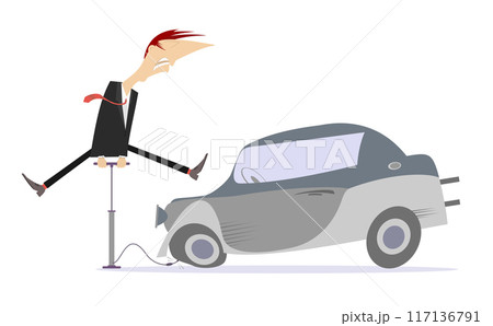Funny man, pump and a broken car. Flat tire repair. Young man inflates the wheel on car with pump Funny man, pump and a broken car. Flat tire repair. Young man inflates the wheel on car with pump 117136791