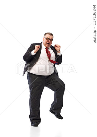 Full-length of emotional man, businessman in formal wear and glasses expressing emotion of stress, shock isolated on white background. Situations at work Full-length of emotional man, businessman in formal wear and glasses expressing emotion of stress, shock isolated on white background. Situations at work 117136844