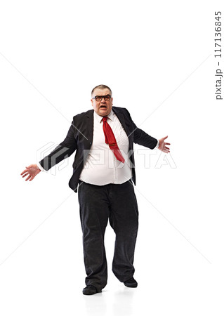 Full-length of emotional man, businessman in formal wear and glasses expressing emotion of stress, shock isolated on white background. Situations at work Full-length of emotional man, businessman in formal wear and glasses expressing emotion of stress, shock isolated on white background. Situations at work 117136845