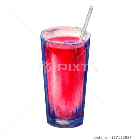 Raspberry lemonade in a glass watercolor illustration 117136887