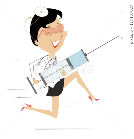 Smiling doctor woman with a big syringe runs to render the medical aid. Cartoon hurry doctor woman holding a big syringe. Isolated on white background Smiling doctor woman with a big syringe runs to render the medical aid. Cartoon hurry doctor woman holding a big syringe. Isolated on white background 117137027