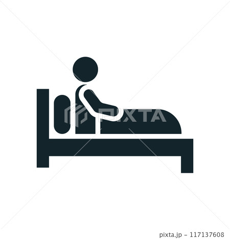 Sick person lying in bed with flu symptoms icon 117137608