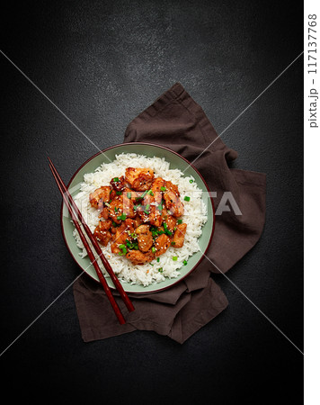 fried chicken teriyaki with rice, green onion and sesame, homemade, no people, 117137768
