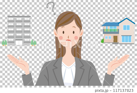 一名婦女想知道是否購買或租賃房屋或公寓的插圖 一名婦女想知道是否購買或租賃房屋或公寓的插圖 117137823