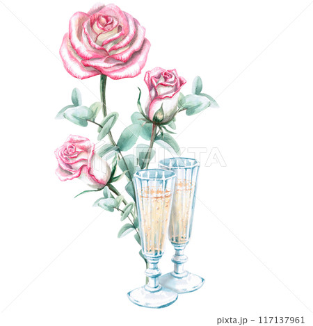 Two vintage glasses with champagne, bouquet of roses and eucalyptus in watercolor. Illustration for greeting cards, congratulations, weddings, memorable dates. Illustration isolated from background. Two vintage glasses with champagne, bouquet of roses and eucalyptus in watercolor. Illustration for greeting cards, congratulations, weddings, memorable dates. Illustration isolated from background. 117137961