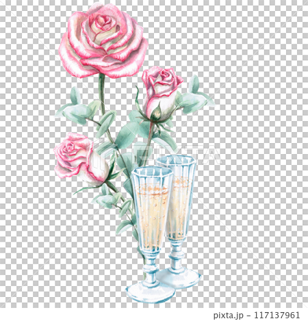 Two vintage glasses with champagne, bouquet of roses and eucalyptus in watercolor. Illustration for greeting cards, congratulations, weddings, memorable dates. Illustration isolated from background. Two vintage glasses with champagne, bouquet of roses and eucalyptus in watercolor. Illustration for greeting cards, congratulations, weddings, memorable dates. Illustration isolated from background. 117137961