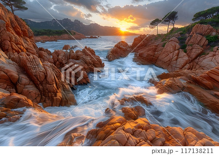 Serene Sunset Over Rocky Seashore - Perfect for Posters, Prints, Digital Art Generative AI 117138211