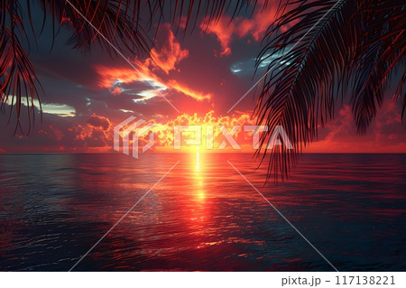 Stunning Tropical Sunset Over Ocean with Vibrant Colors and Palm Leaves - Perfect for Nature, Travel, and Relaxation Themes Generative AI 117138221