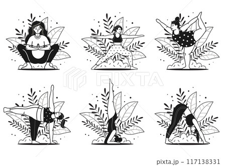 Diverse Women in Line Art Doing Yoga 117138331