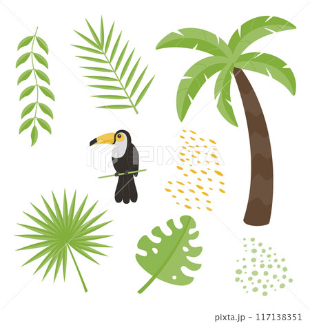 Cute childrens animals set isolated on a white background toucan, liana, leaves, palm tree. Flat vector illustrations for children. Cute childrens animals set isolated on a white background toucan, liana, leaves, palm tree. Flat vector illustrations for children. 117138351