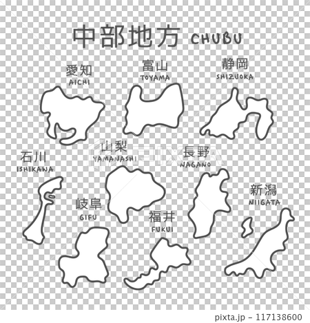 Simple map of the Chubu region of Japan - Illustration 117138600