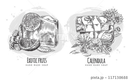 Handmade natural exotic fruits and calendula essential oil soap engraved hand drawn vector set, herbal aroma soap bricks Handmade natural exotic fruits and calendula essential oil soap engraved hand drawn vector set, herbal aroma soap bricks 117138688