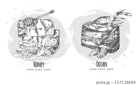 Honey and ocean soap sketches for labels and posters. 117138689