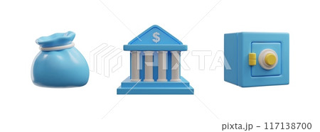 3D icon of a bank, a safe and a bag tied with twine full of money 3D icon of a bank, a safe and a bag tied with twine full of money 117138700