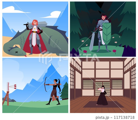 Warrior women in action vector illustration set Warrior women in action vector illustration set 117138718