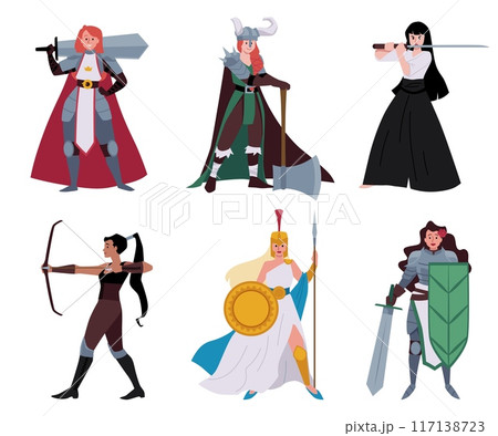 Ancient warriors women from various culture icon character set, armored beautiful female medieval knight fighter soldier Ancient warriors women from various culture icon character set, armored beautiful female medieval knight fighter soldier 117138723
