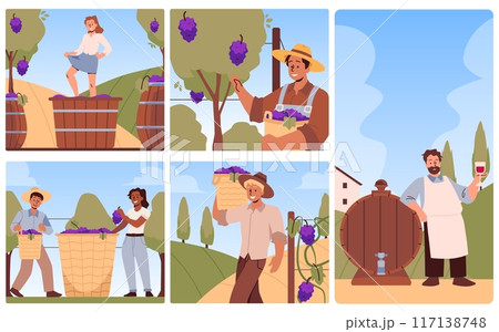 A collection of vector illustrations with scenes of wine creation the background of grape plantations 117138748