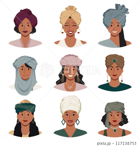 Set of men and women wearing traditional turbans. Isolated background. 117138753