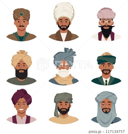 Fashion turban headdress Arab or Indian culture vector avatars set, Saudi oriental men with wrapped head scarf hat 117138757