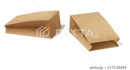 Brown paper lunch bags lies 3D vector, two eco packets, realistic open empty kraft bag package for wrap takeaway product 117138845