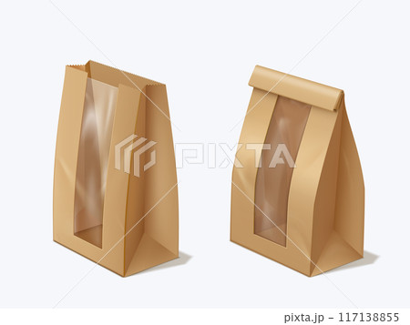 Brown paper lunch bag with transparent insert window vector 3D mockup set, closed and open empty kraft bag package 117138855