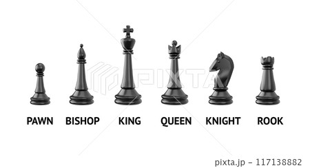 3d set of black chess pieces. 117138882