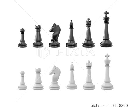Set of chess pieces 3d vector, realistic black and white board game figures collection, chessmen, queen and king, horse Set of chess pieces 3d vector, realistic black and white board game figures collection, chessmen, queen and king, horse 117138890