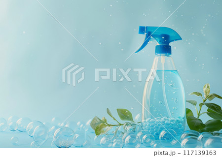 Cleaning spray bottle in soapy lather background with copy space 117139163