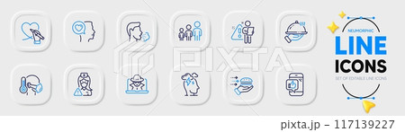 Mobile like, Fraud and Cough line icons for web app. Pack of Food delivery, Social care, Business hierarchy pictogram icons. Search employee, Restaurant food, Stress signs. Nurse. Vector 117139227