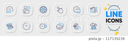Cogwheel timer, Cursor and Alarm bell line icons for web app. Pack of Online question, Cable section, Building pictogram icons. Education, Pie chart, Time management signs. Cashback card. Vector Cogwheel timer, Cursor and Alarm bell line icons for web app. Pack of Online question, Cable section, Building pictogram icons. Education, Pie chart, Time management signs. Cashback card. Vector 117139236