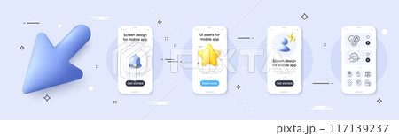 Safe time, Stress and Like line icons pack. Phone screen mockup with 3d cursor. Alert, star and placeholder. Touchscreen gesture, Mindfulness stress, Delivery market web icon. Vector 117139237