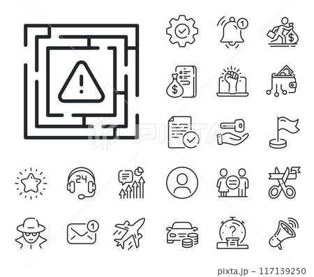 Labyrinth important warning sign. Salaryman, gender equality and alert bell outline icons. Maze attention line icon. Danger warn symbol. Maze attention line sign. Vector 117139250