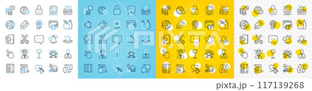 Vector icons set of Social care, Information bell and Lock line icons pack for web with Parking time, Positive feedback, Money tax outline icon. Translate, Cursor, Scissors pictogram. Vector Vector icons set of Social care, Information bell and Lock line icons pack for web with Parking time, Positive feedback, Money tax outline icon. Translate, Cursor, Scissors pictogram. Vector 117139268