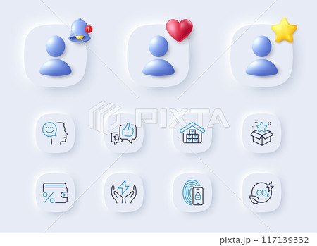 Loyalty program, Co2 gas and Savings tax line icons. Placeholder with 3d bell, star, heart. Pack of Wholesale goods, Safe energy, Lock icon. Like, Good mood pictogram. For web app, printing. Vector 117139332