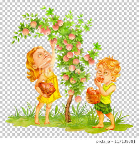 Happy little boy and girl picking apples. Apple harvest. Watercolor garden clipart with barefoot children. Isolated illustration of cartoon children in apple orchard for harvest day greeting card Happy little boy and girl picking apples. Apple harvest. Watercolor garden clipart with barefoot children. Isolated illustration of cartoon children in apple orchard for harvest day greeting card 117139381