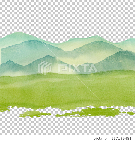 A watercolor landscape with a green field and mountains in the background. The view hills, mountains. Illustration of a rural landscape, tea plantation. With space for text. Suitable eco design A watercolor landscape with a green field and mountains in the background. The view hills, mountains. Illustration of a rural landscape, tea plantation. With space for text. Suitable eco design 117139481
