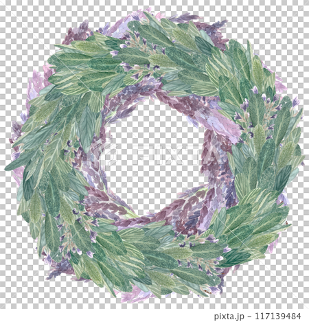 Sage and lavender wreath watercolor illustration isolated on white. High quality hand painted art for cards, packages, oil infusions, folk medicine recipes, herbal guides, labels, logotype design 117139484