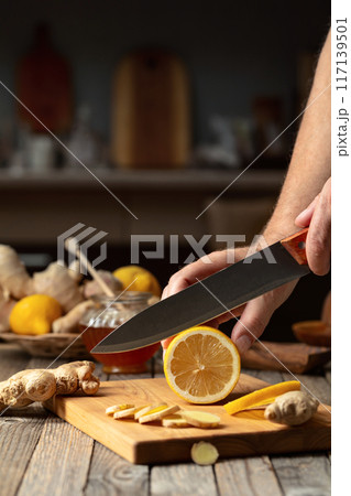 Ingredients for preparing ginger tea. 117139501