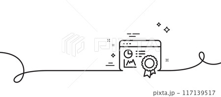 Seo statistics line icon. Continuous one line with curl. Search engine certificate sign. Analytics chart symbol. Seo certificate single outline ribbon. Loop curve pattern. Vector Seo statistics line icon. Continuous one line with curl. Search engine certificate sign. Analytics chart symbol. Seo certificate single outline ribbon. Loop curve pattern. Vector 117139517