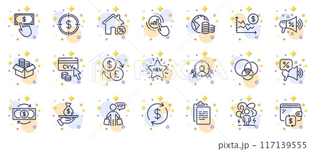Outline set of Wallet, Money box and Difficult stress line icons for web app. Include New star, Loan, Vip shopping pictogram icons. Dollar rate, Clipboard, Graph chart signs. Vector 117139555