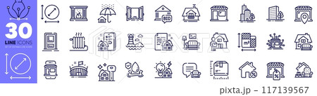 Delivery man, Floor plan and Buildings line icons pack. Open door, Arena, Distribution web icon. Loan house, Radiator, Lounge place pictogram. Lighthouse, Package size, Building energy. Vector 117139567