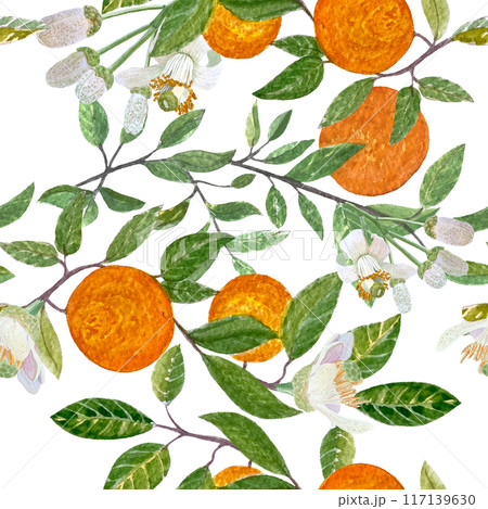 Orange branches adorned with vibrant leaves, delicate flowers, buds, and ripe fruits watercolor pattern. Hand-painted illustration captures the essence of nature, perfect for home decor, cards, and 117139630