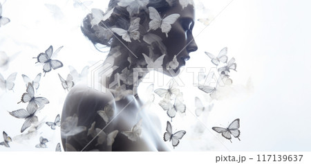 Woman profile with butterflies dispersing from head, concept of mental health 117139637