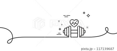Dumbbell with heartbeat line icon. Continuous one line with curl. Workout equipment sign. Cardio Gym fit symbol. Dumbbell single outline ribbon. Loop curve pattern. Vector 117139687