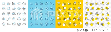 Vector icons set of Vacancy, Cloudy weather and Alarm clock line icons pack for web with Excise duty, Mute sound, Medical tablet outline icon. Eye target, Creative design. Vector 117139707