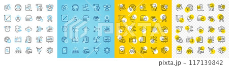 Vector icons set of Target, Teamwork and Winner ribbon line icons pack for web with Search files, Headphones, Quick tips outline icon. Voice wave, Atom core, Windmill pictogram. Vector 117139842