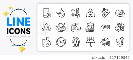 Qr code, Quickstart guide and Weather thermometer line icons set for app include Seo phone, Cogwheel, Hydroelectricity outline thin icon. Co2, Fuel energy, Yoga pictogram icon. Vector 117139843